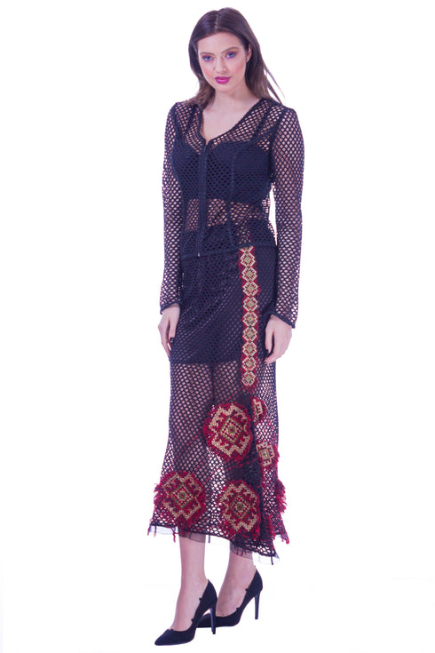 Fusta plasa neagra cu broderie colorata I-20